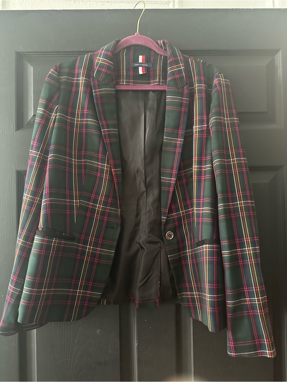 Tommy Hilfiger Green Tartan Plaid Blazer with Pink & Yellow Accents